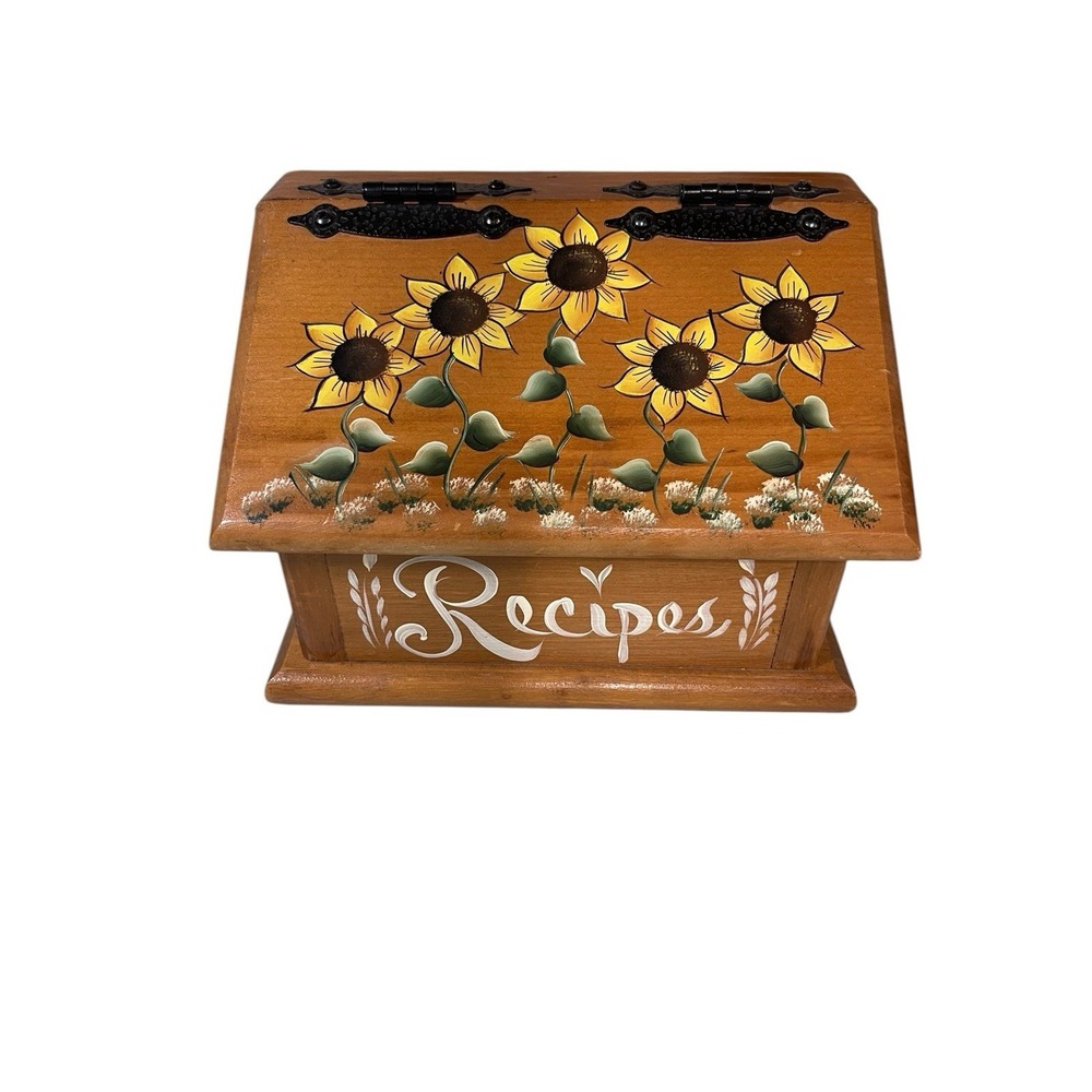 Vintage Painted Wooden Recipes Box Sunflowers Cottage Core Kitchen Decor